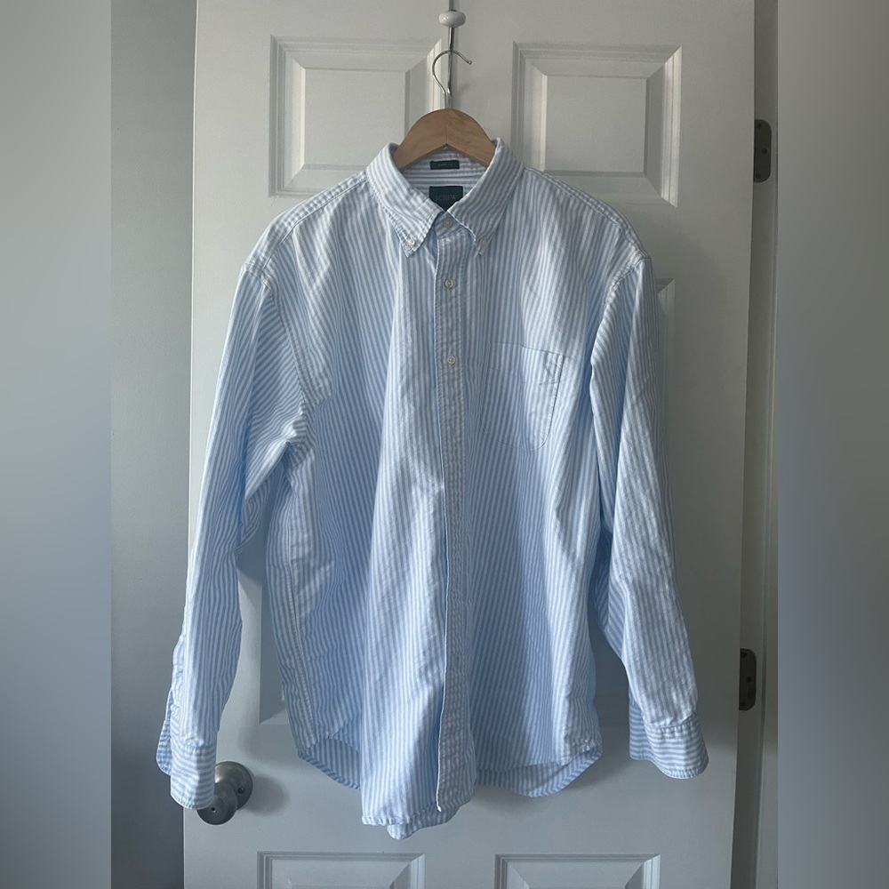 J. Crew Men's Giant Fit Light Blue and White Striped Shirt | XL | EUC